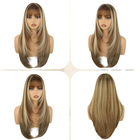 Brown Long Straight Layered Wig with Bangs for Women - Picture 5 of 5